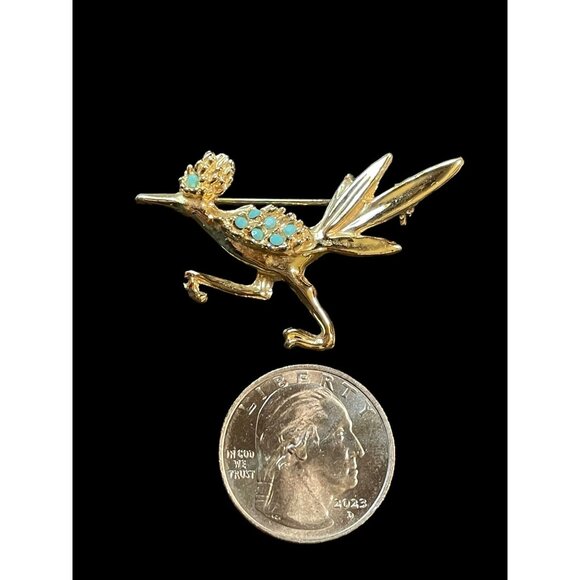 Vintage Gold Tone and Turquoise New Mexico Road Runner Bird Fashion Brooch Pin - Picture 3 of 4
